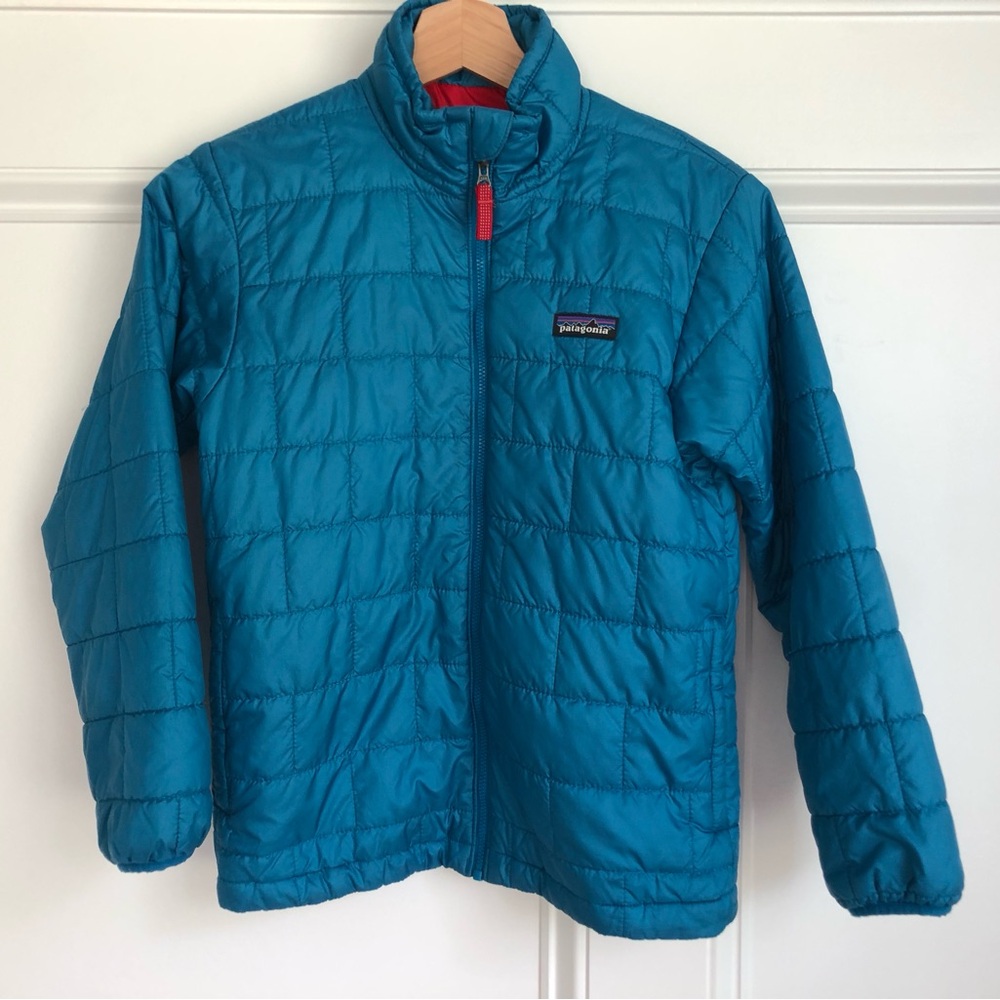 Patagonia kids nano brick puffy quilted jacket size medium (10) blue/orange